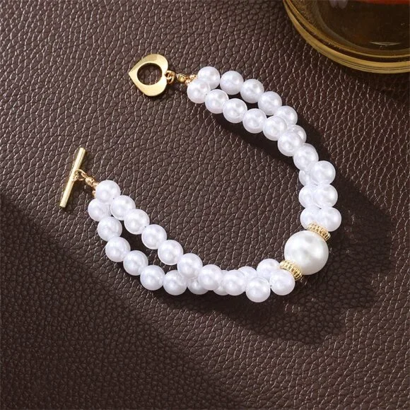 3/$35 Elegant White Beads Pearl Toggle Bracelet Layered Stackable Jewelry - Picture 7 of 8